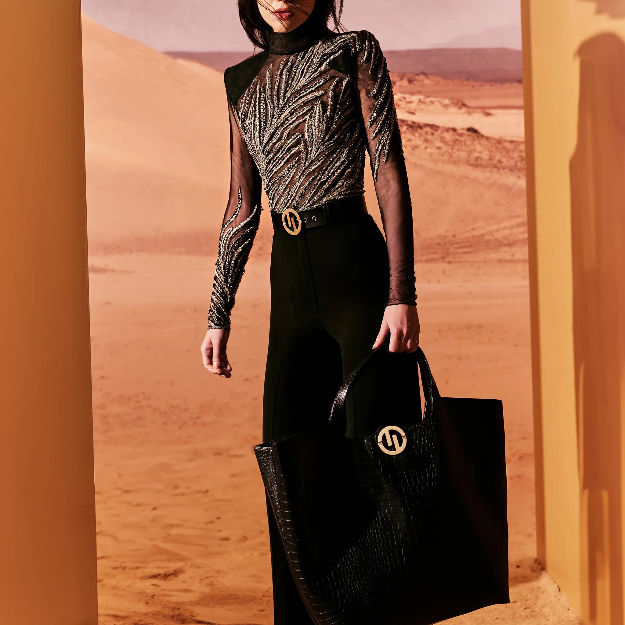Black Silk Trouser With Embellished Tulle Shirt