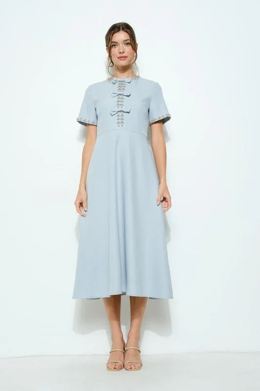 Blue Embellished Bow Midi Dress