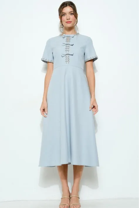 Blue Embellished Bow Midi Dress