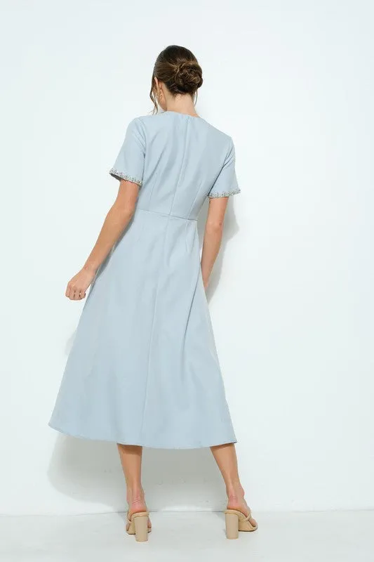 Blue Embellished Bow Midi Dress