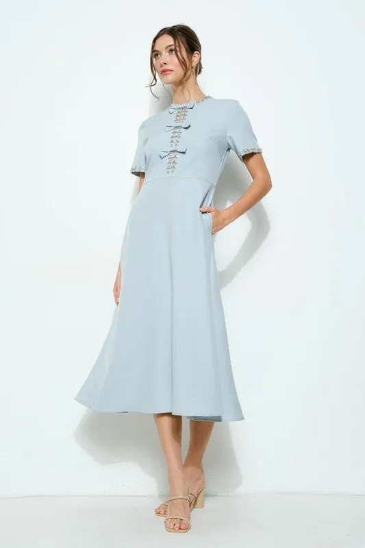 Blue Embellished Bow Midi Dress