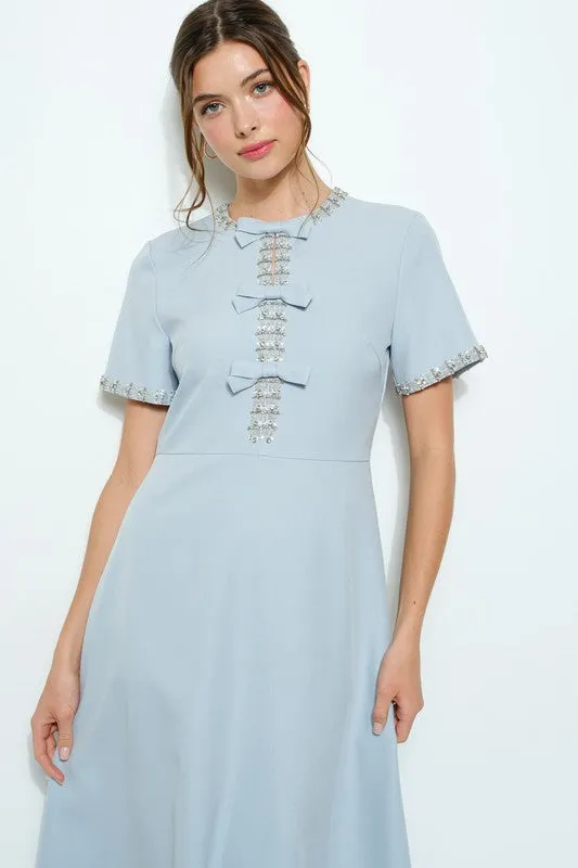 Blue Embellished Bow Midi Dress