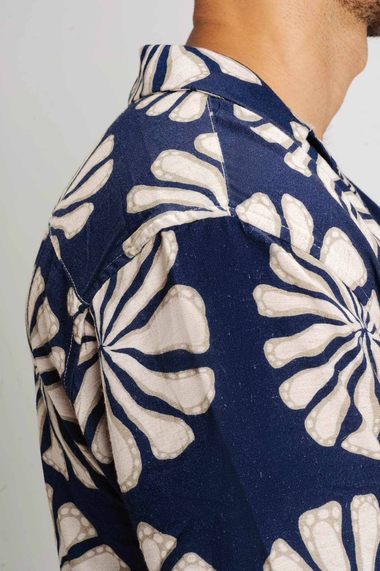 Blue Floral Print Men's Linen Shirt