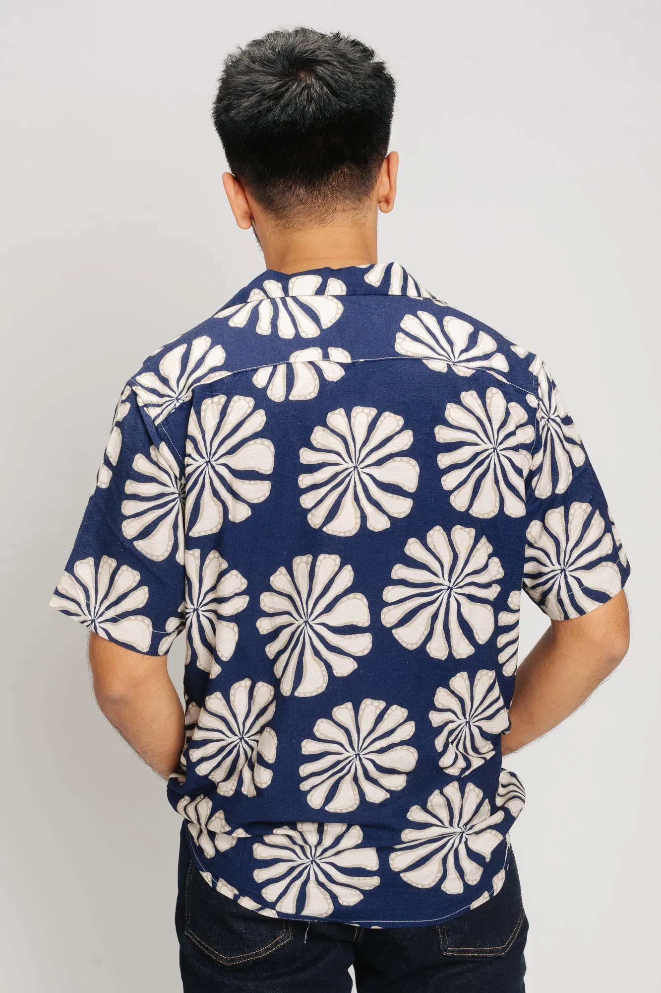Blue Floral Print Men's Linen Shirt
