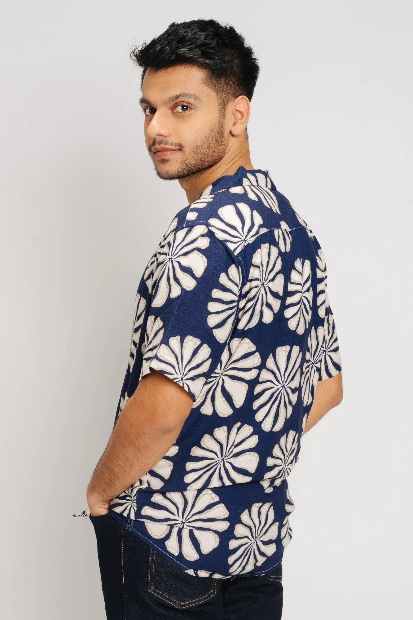 Blue Floral Print Men's Linen Shirt