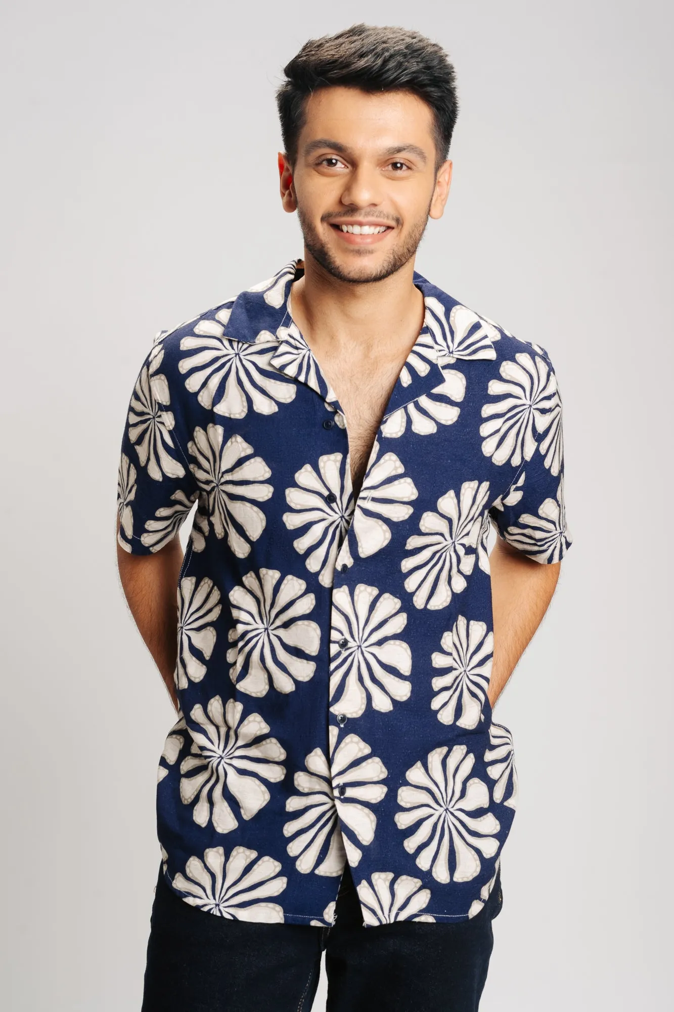 Blue Floral Print Men's Linen Shirt