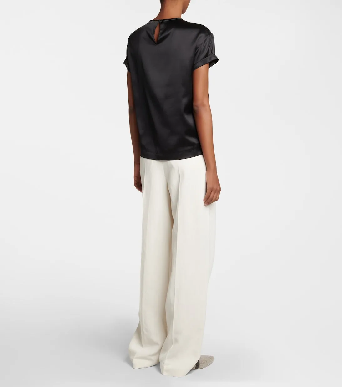 Brunello Cucinelli Silk Satin Embellished T-Shirt, Black