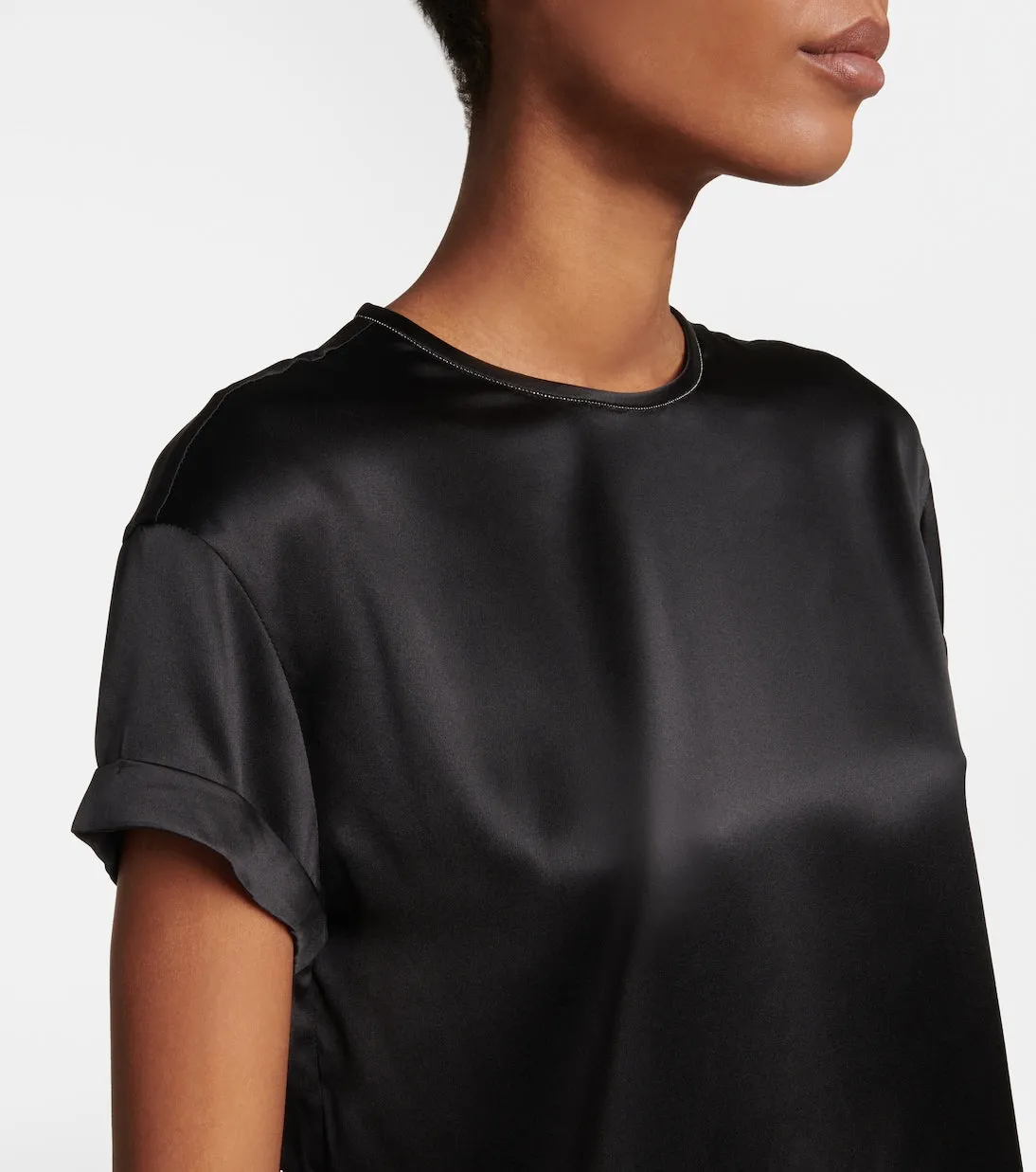 Brunello Cucinelli Silk Satin Embellished T-Shirt, Black