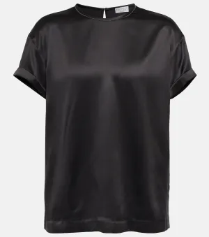 Brunello Cucinelli Silk Satin Embellished T-Shirt, Black