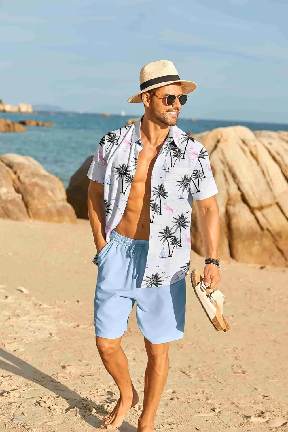 COOFANDY Men's Hawaiian 2 Piece Outfits Summer Beach Matching Set Short Sleeve Floral Shirts and Shorts