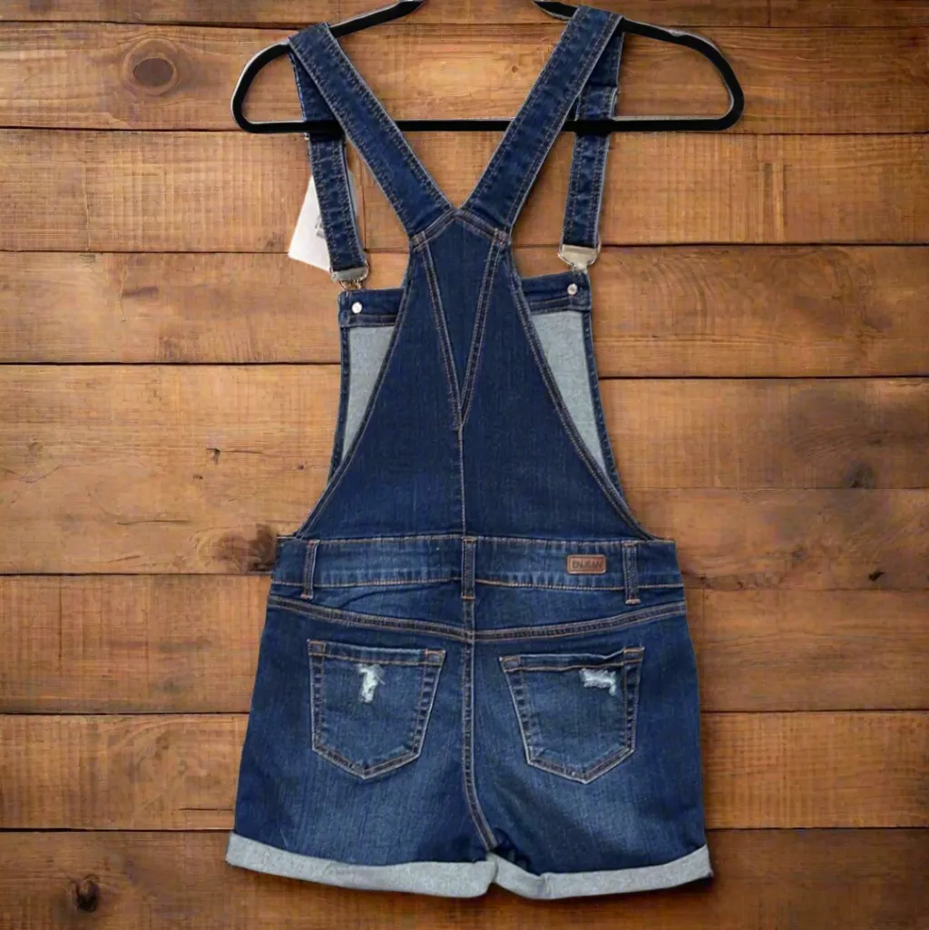 Distressed Rolled Denim Overall Shorts