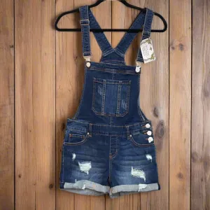Distressed Rolled Denim Overall Shorts