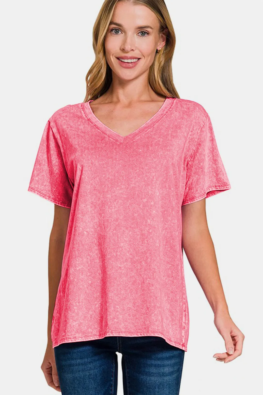 Full Size Washed Short Sleeve V-Neck T-Shirt