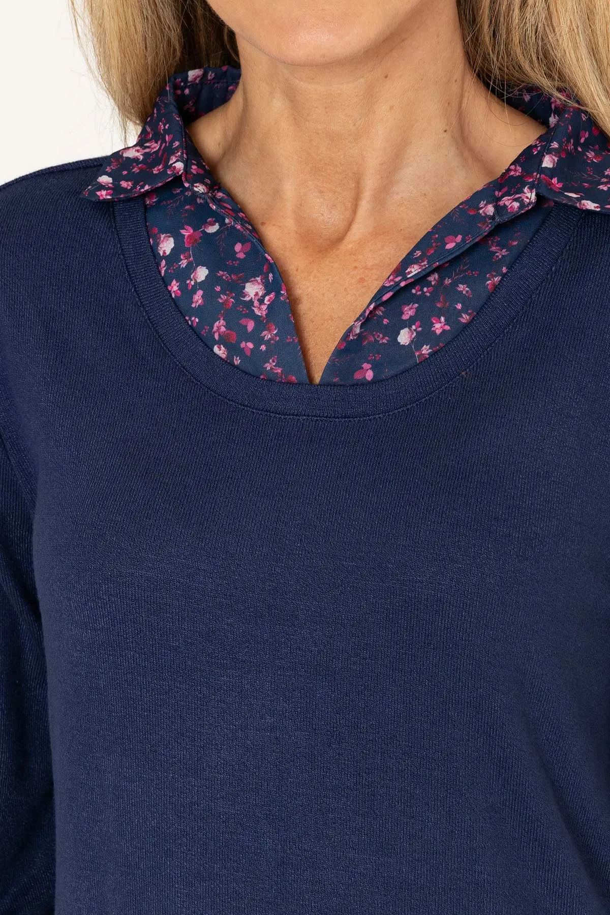Navy Top With Print Collar & Hem