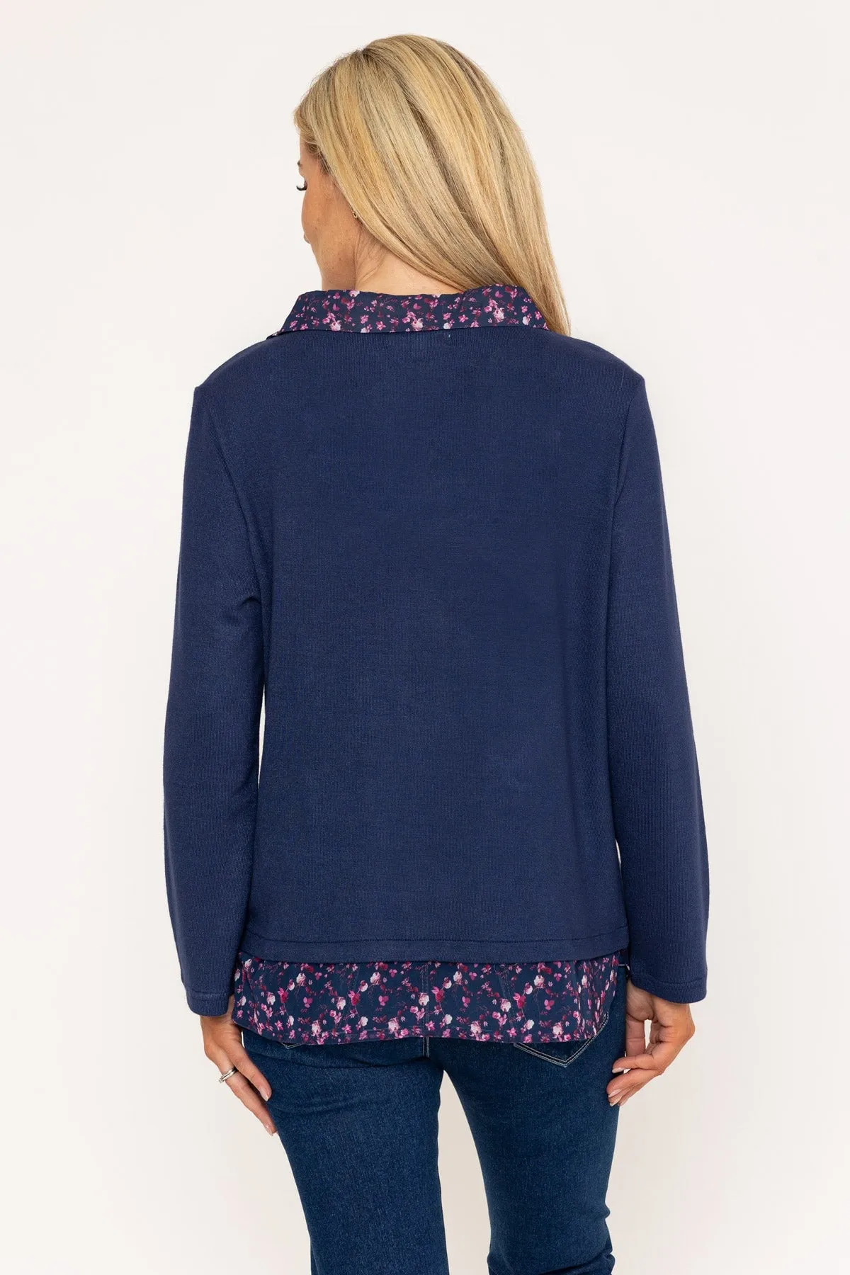 Navy Top With Print Collar & Hem