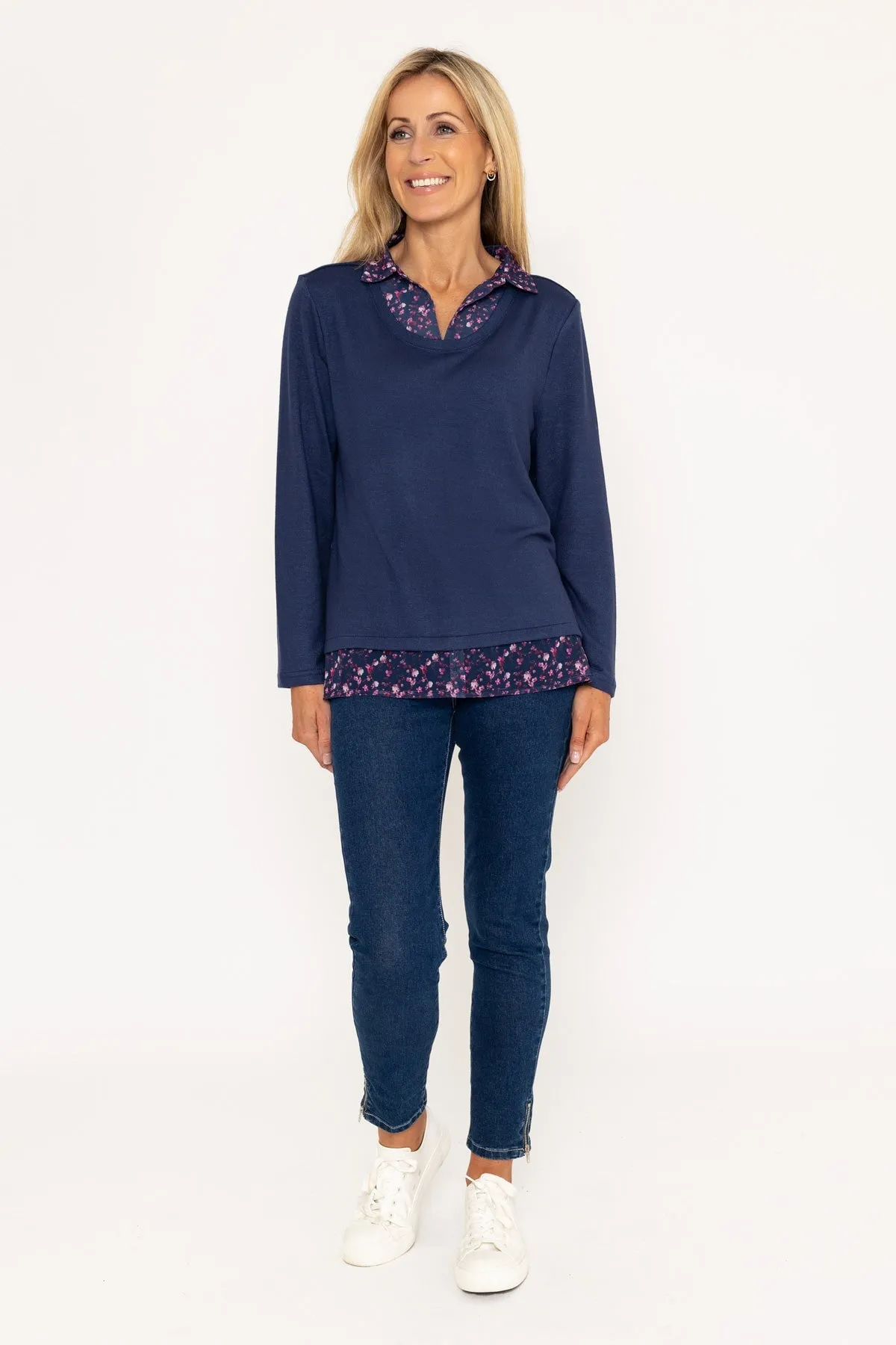 Navy Top With Print Collar & Hem