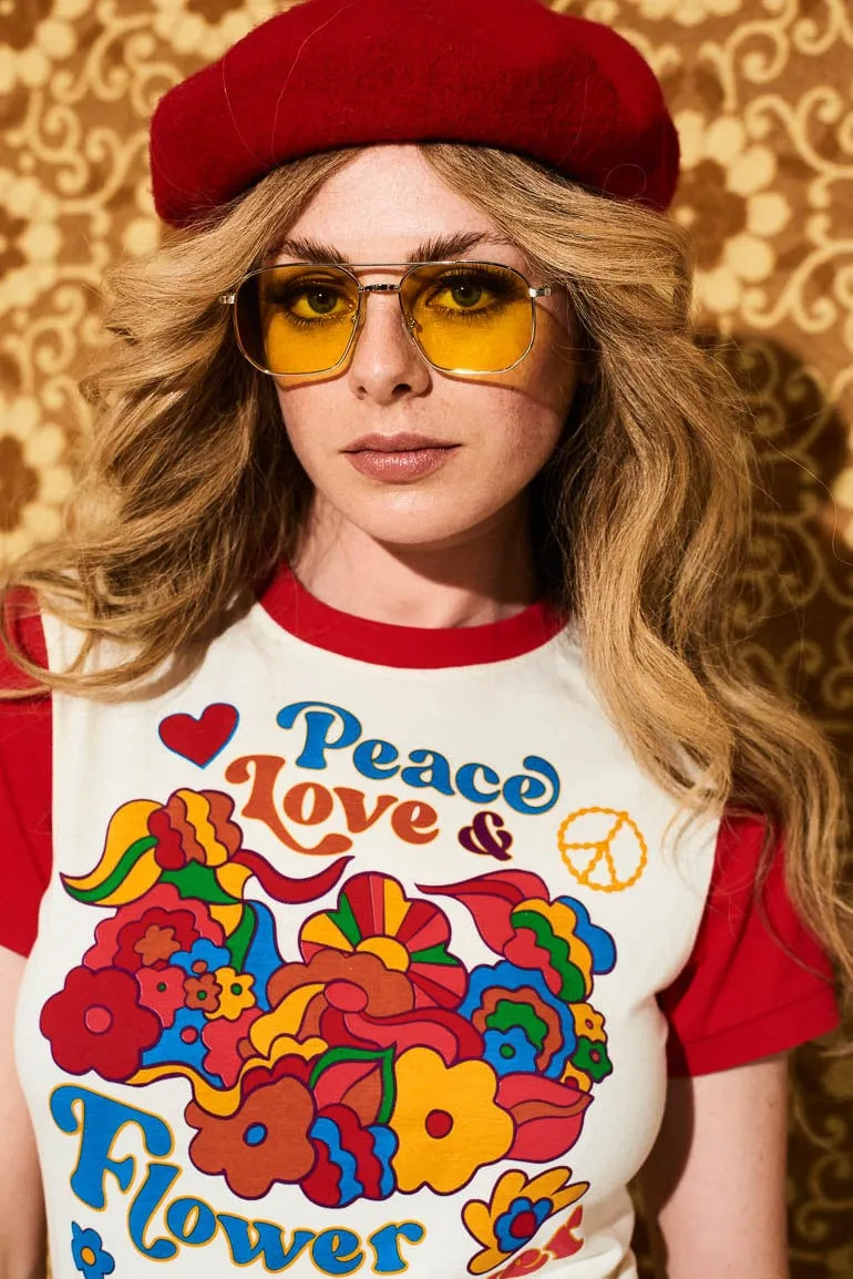 Peace, Love & Flower Power Contrast Ringer T-Shirt