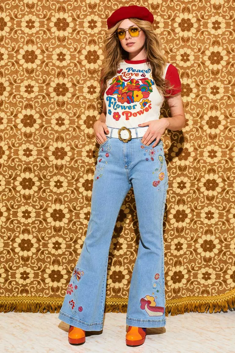 Peace, Love & Flower Power Contrast Ringer T-Shirt