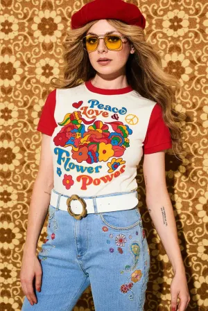 Peace, Love & Flower Power Contrast Ringer T-Shirt