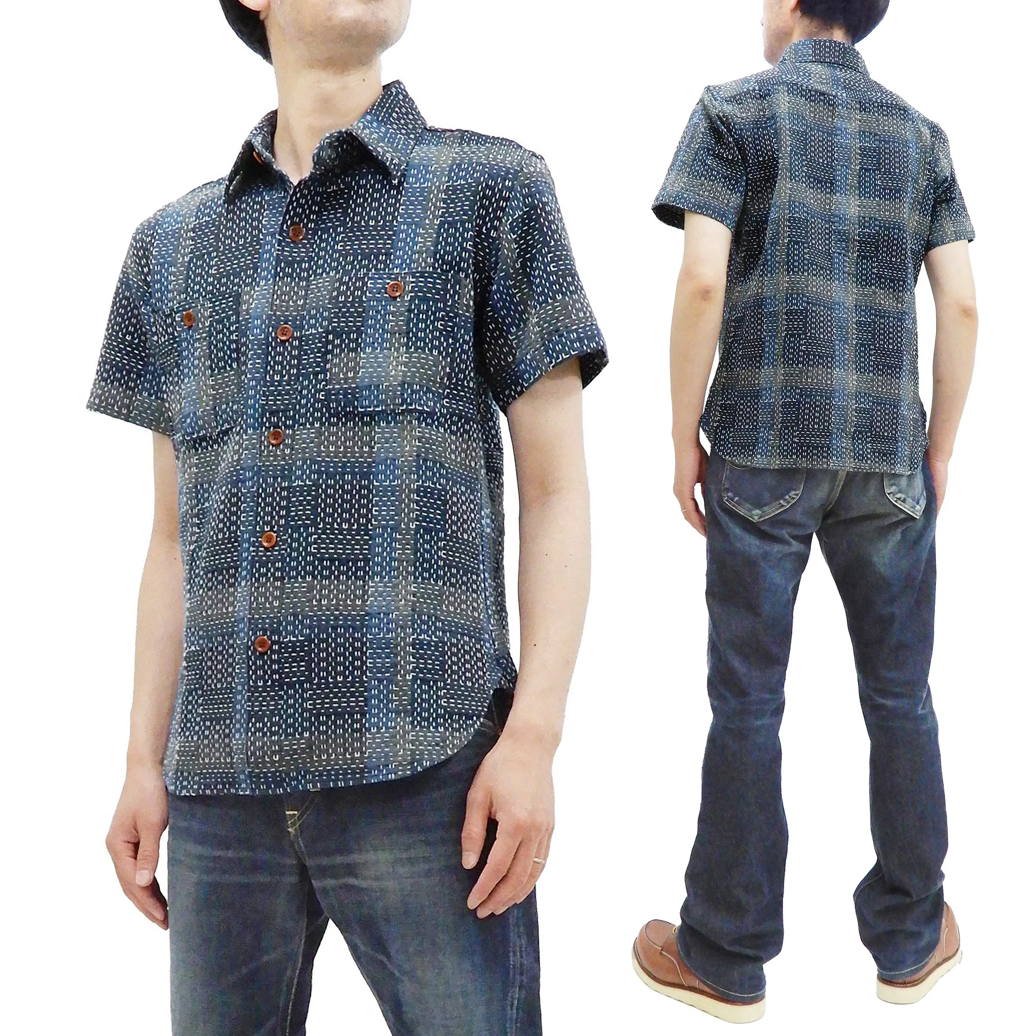 Studio D'artisan Shirt Noragi Boro Style Men's Short Sleeve Sashiko Shirt 5657 Blue