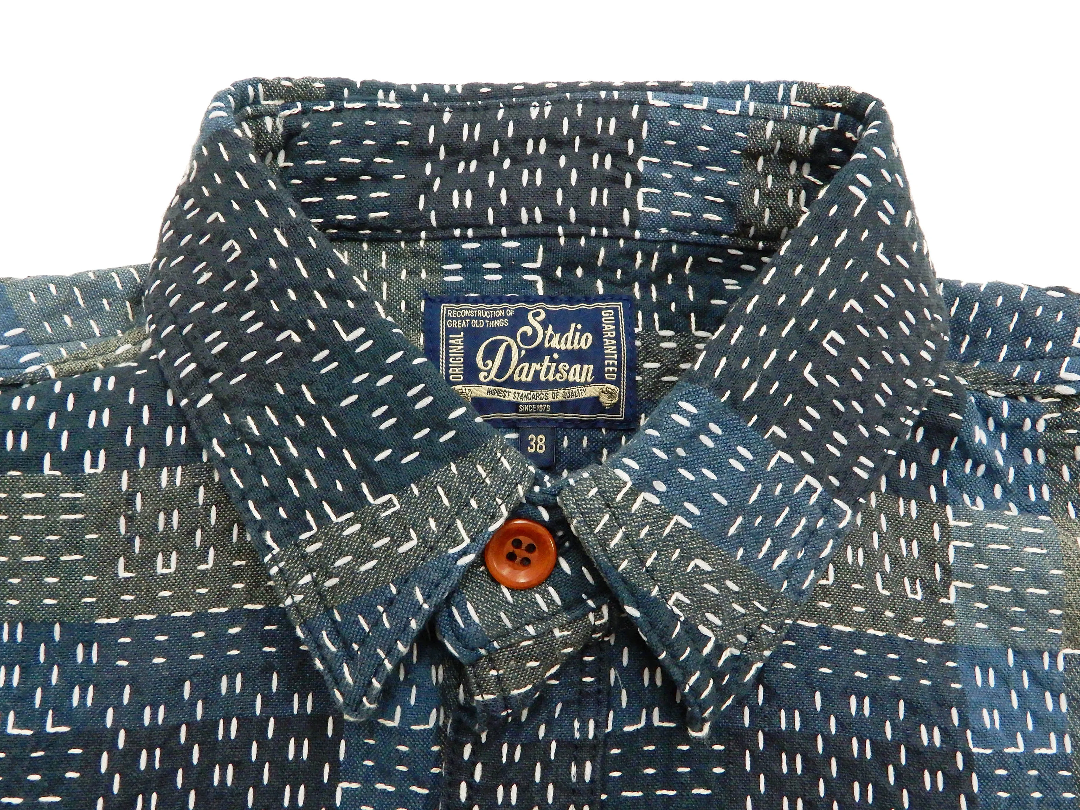 Studio D'artisan Shirt Noragi Boro Style Men's Short Sleeve Sashiko Shirt 5657 Blue