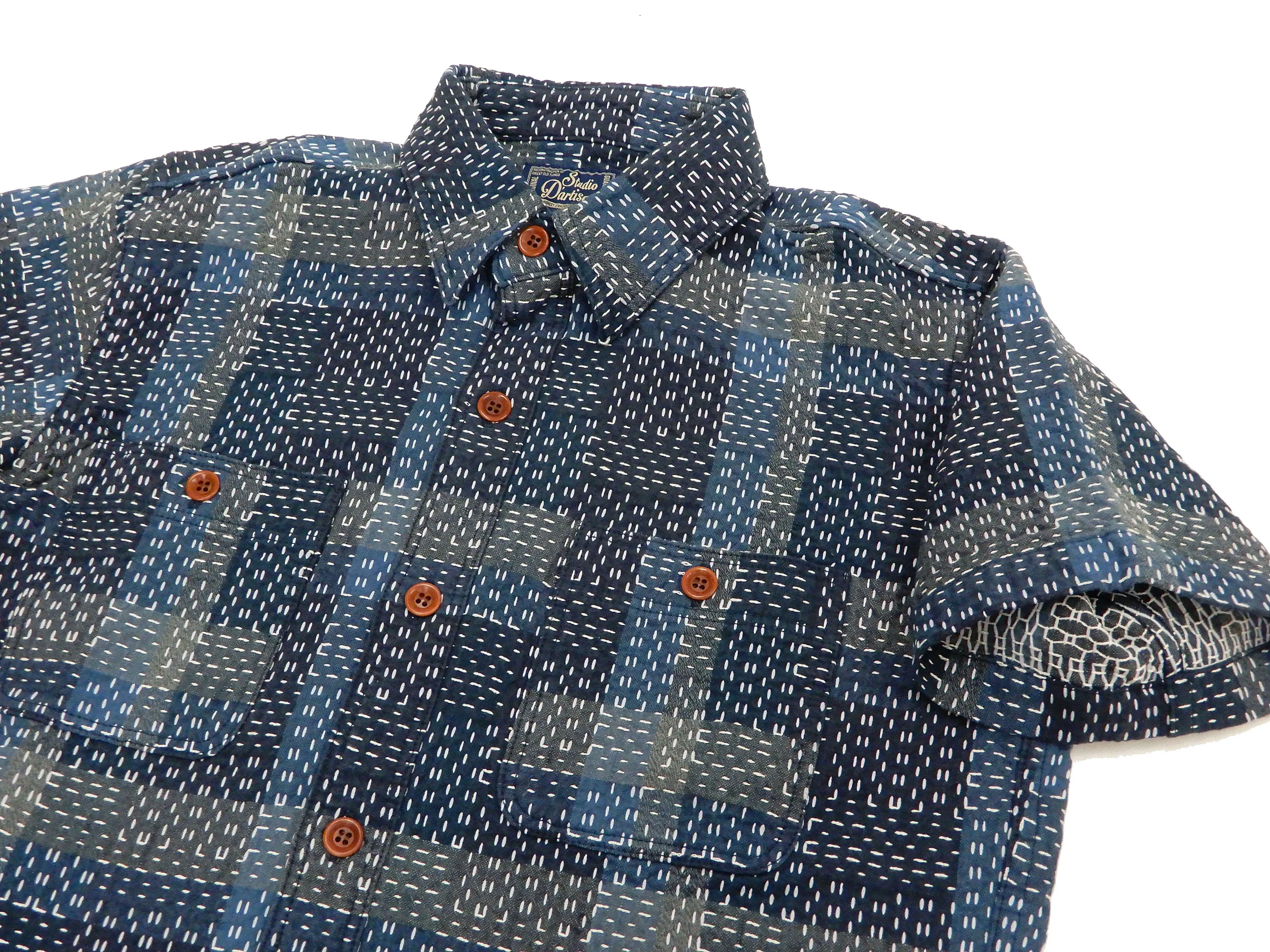 Studio D'artisan Shirt Noragi Boro Style Men's Short Sleeve Sashiko Shirt 5657 Blue