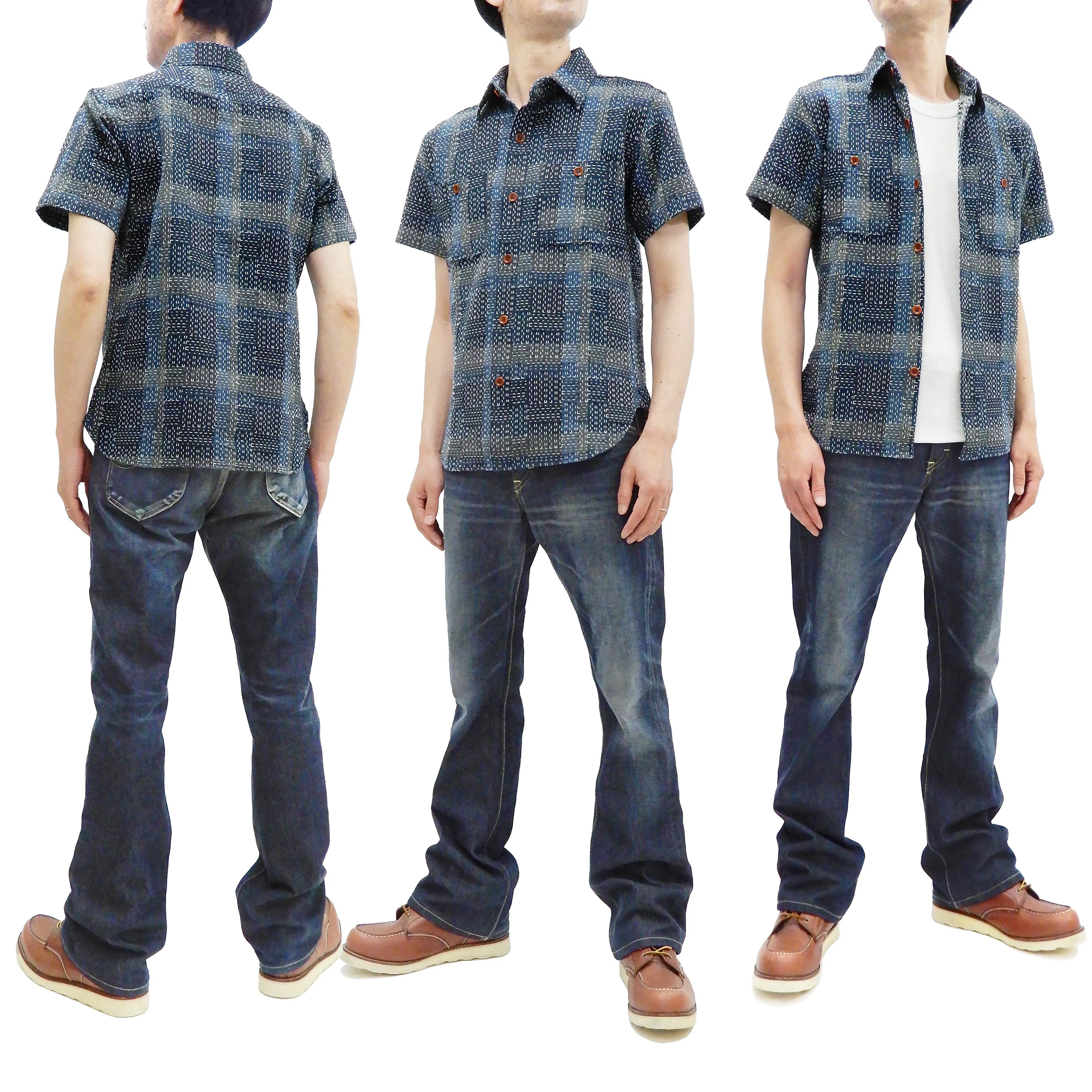 Studio D'artisan Shirt Noragi Boro Style Men's Short Sleeve Sashiko Shirt 5657 Blue