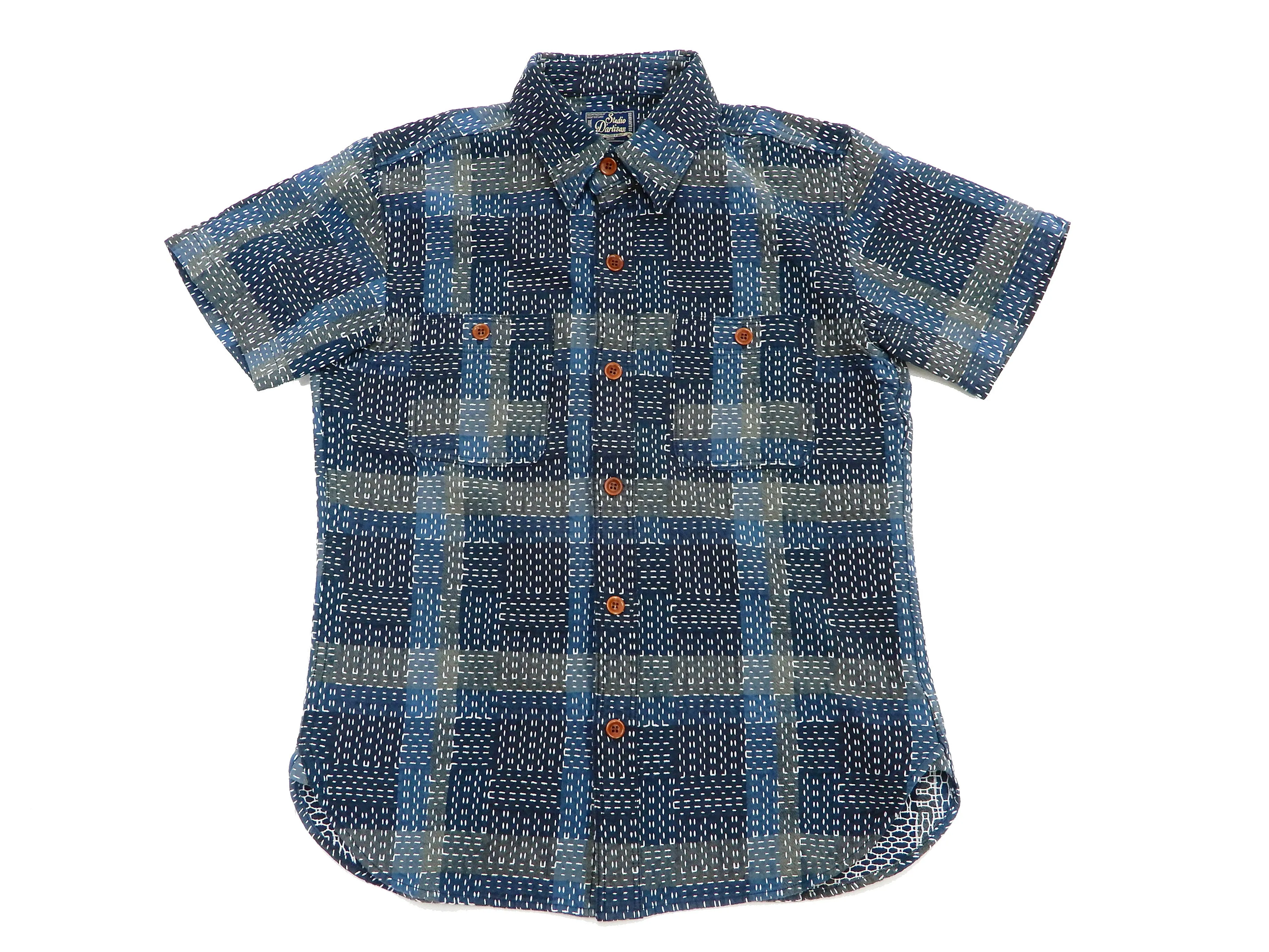 Studio D'artisan Shirt Noragi Boro Style Men's Short Sleeve Sashiko Shirt 5657 Blue