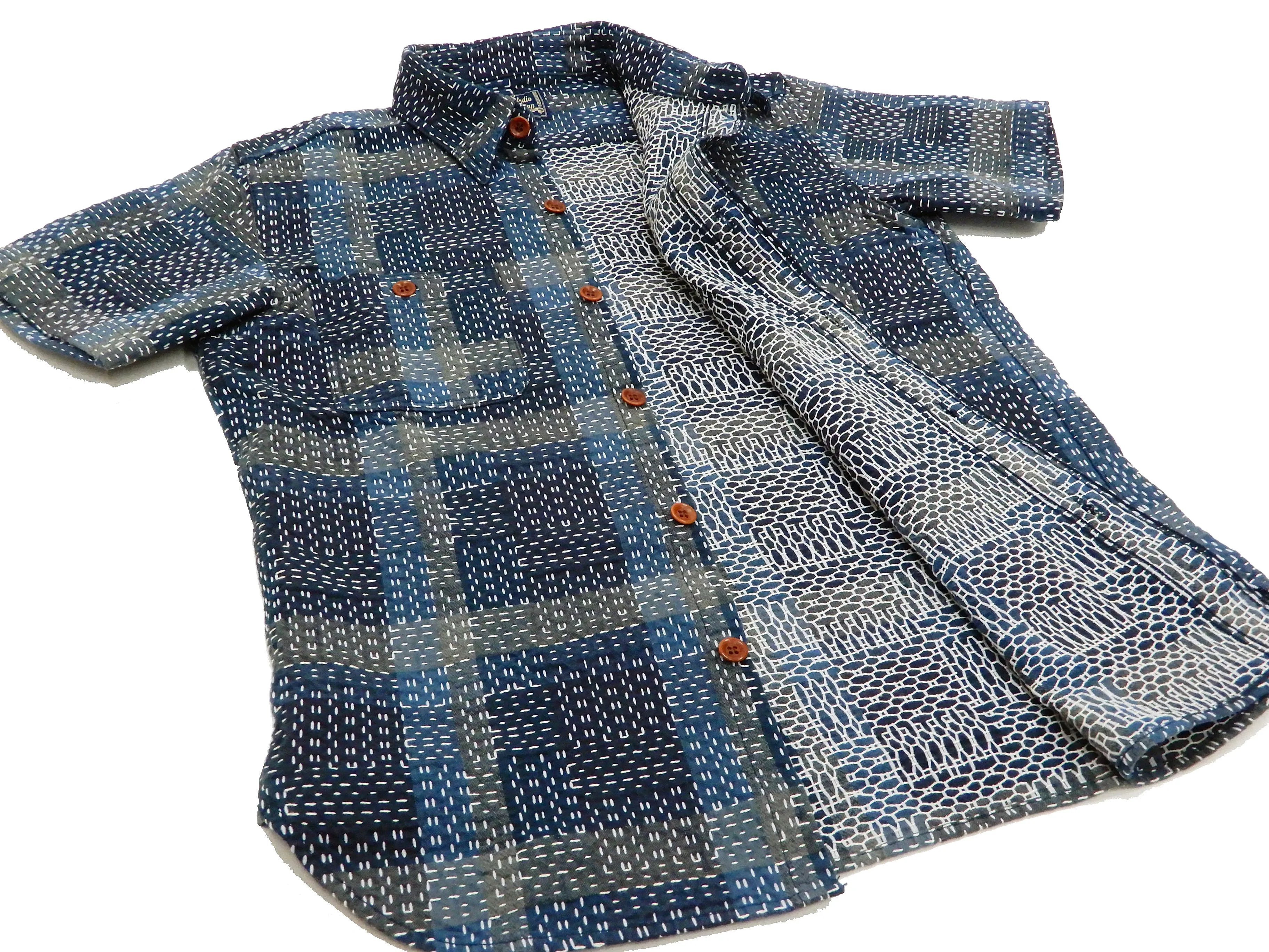 Studio D'artisan Shirt Noragi Boro Style Men's Short Sleeve Sashiko Shirt 5657 Blue