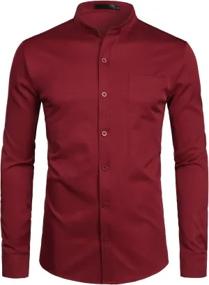 ZEROYAA Men's Banded Collar Slim Fit Long Sleeve Casual Button Down Dress Shirts with Pocket
